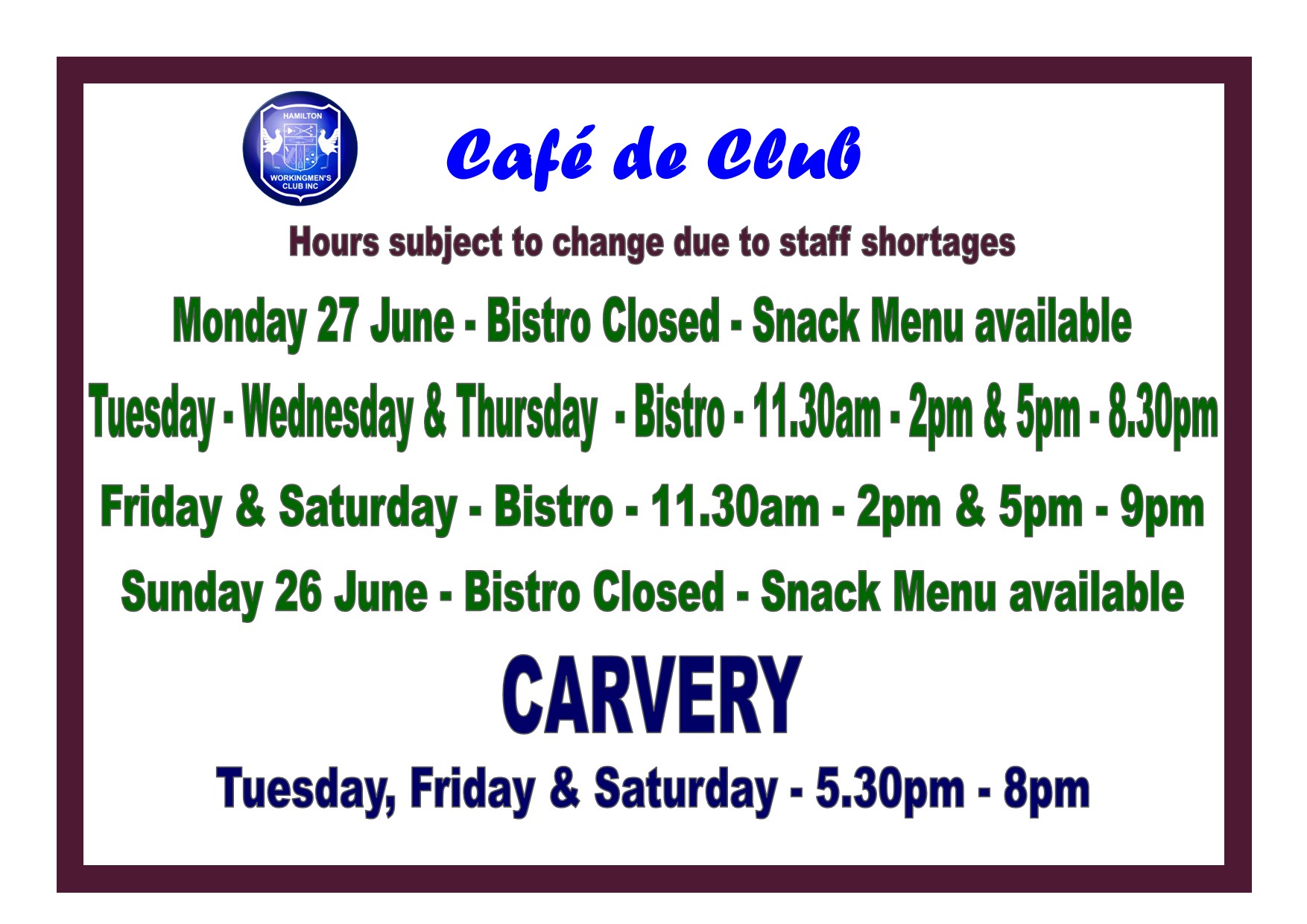 Kitchen Closing Times 23rd June 2022